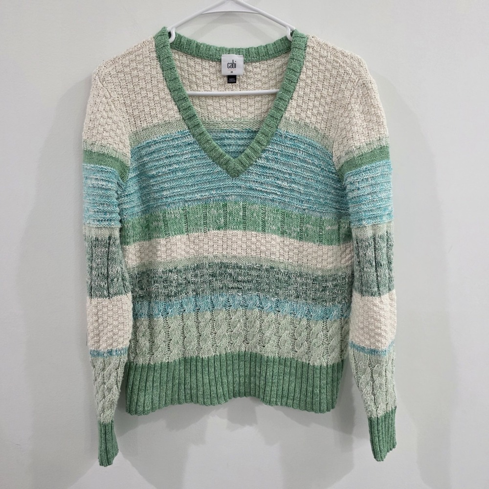 Cabi‎ Womens Cable Knit Sweater Size Medium Striped V Neck Colorful Ski Cozy
